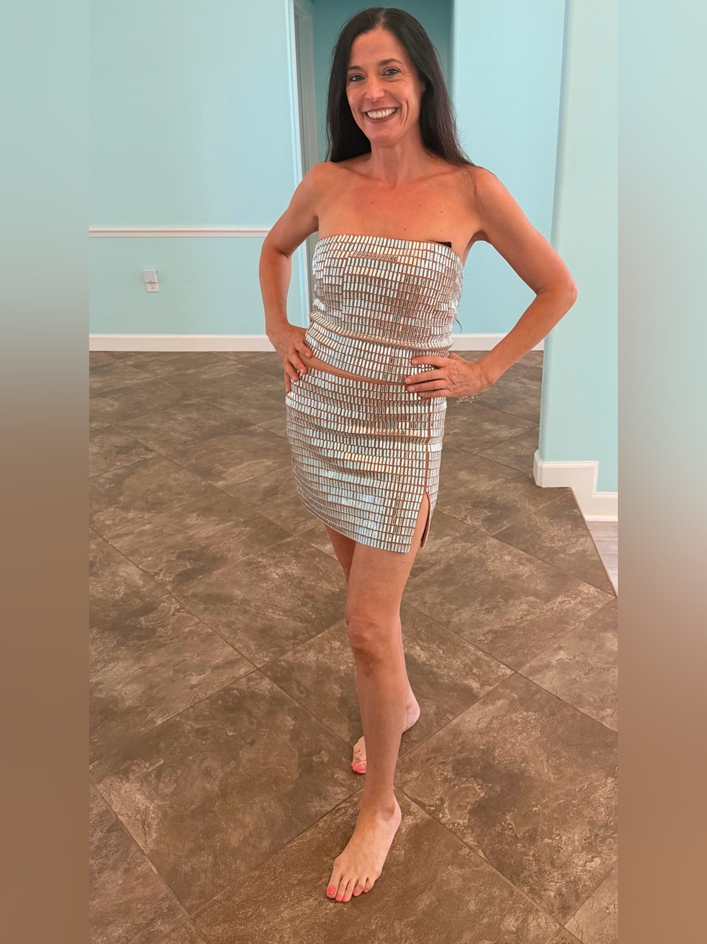 Fashion Nova Reflective Tile Sequin Strapless top& Mini Skirt Set- Nude & Silver